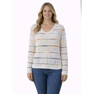 MULTICOLOR STRIPE OPEN-KNIT SWEATER Size Large Lightweight Boho Pullover